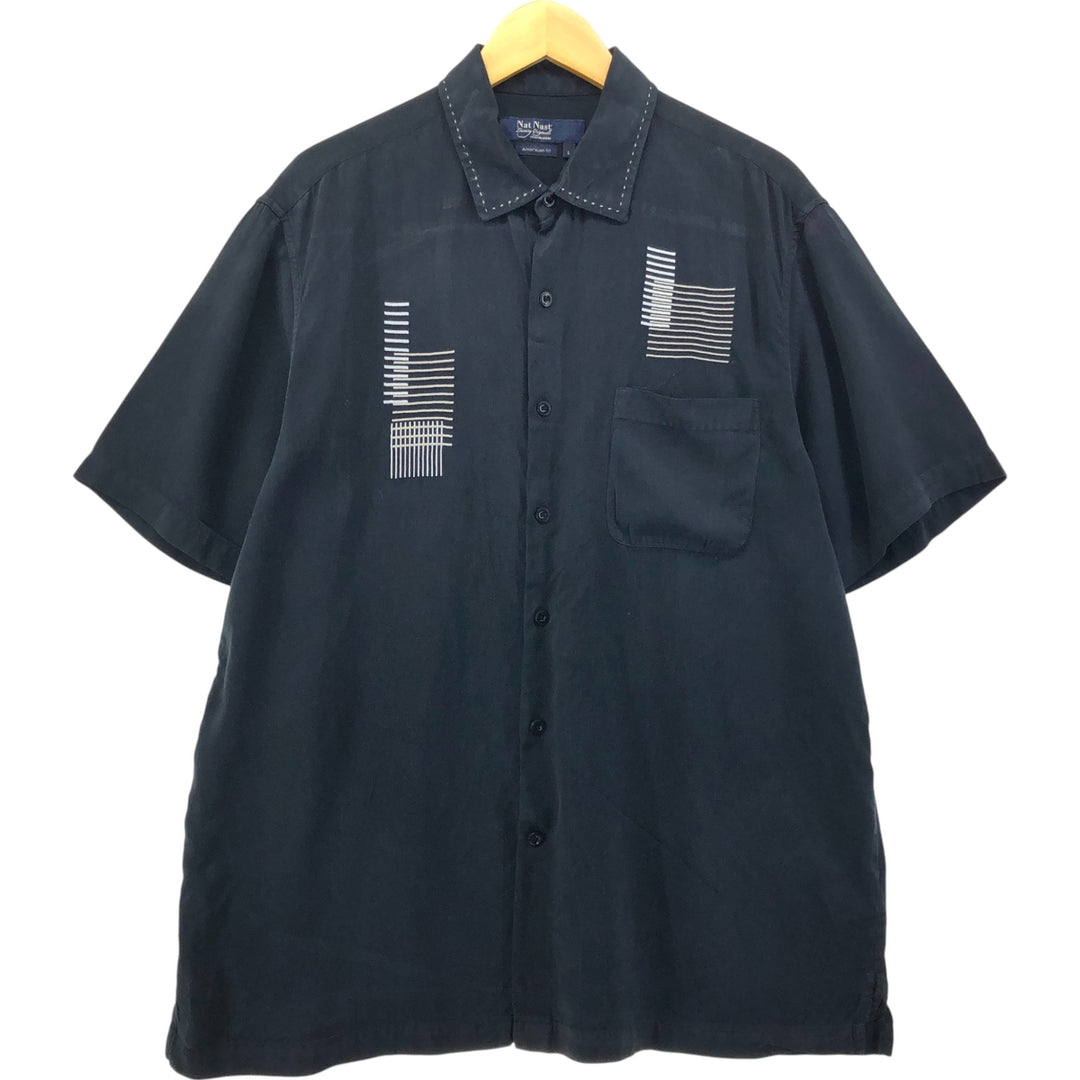 90'S Nat Nast American fit all-over print wide collar short sleeve silk shirt box shirt men's size L vintage silk black type Vintage Second Hand
