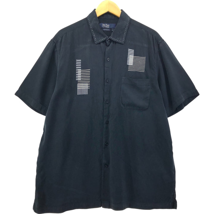 90'S Nat Nast American fit all-over print wide collar short sleeve silk shirt box shirt men's size L vintage silk black type Vintage Second Hand