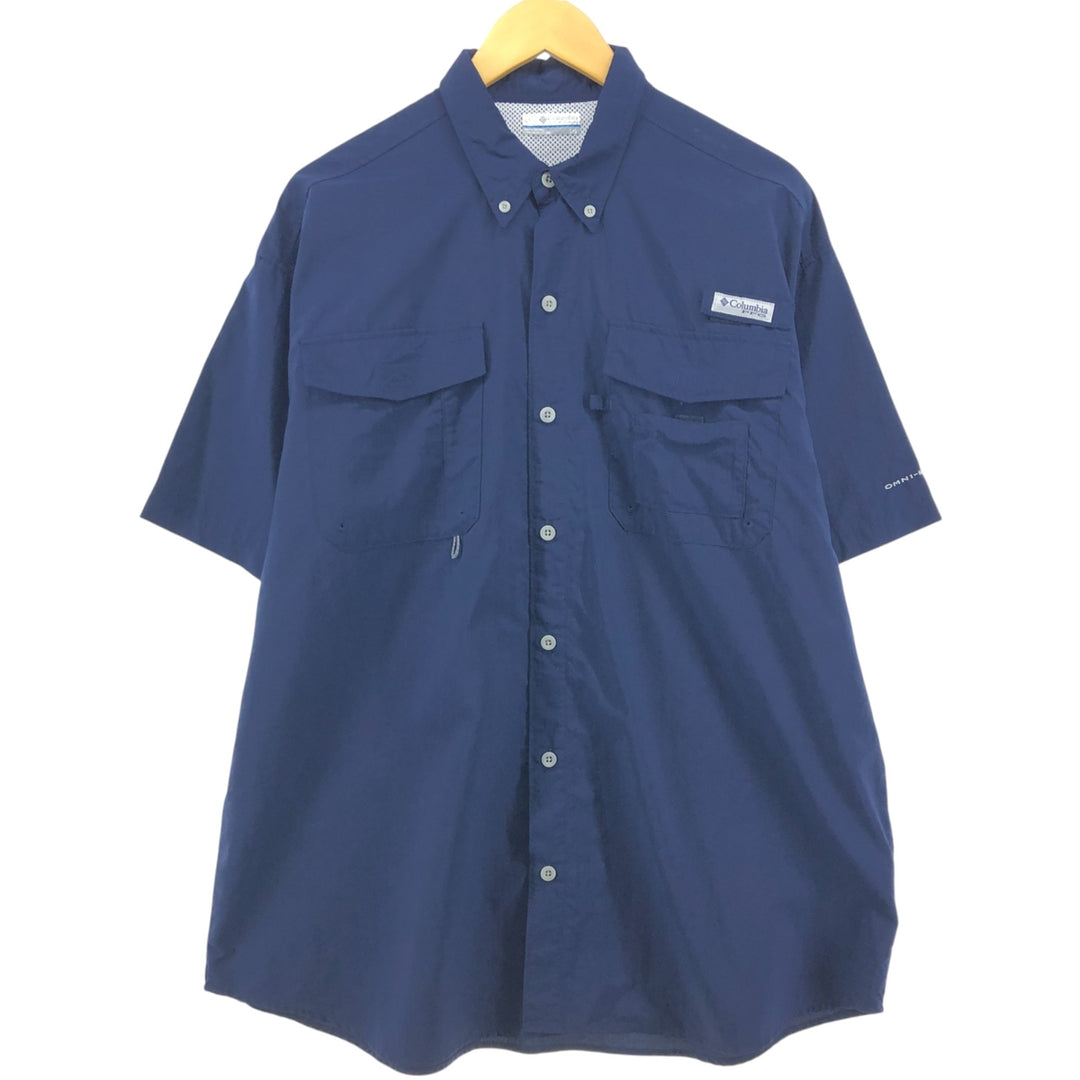 Columbia PFG OMNI-SHADE Button-down Short Sleeve Fishing Shirt, Men's Size L Nylon navy blue type Vintage Second Hand