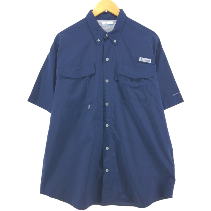 Columbia PFG OMNI-SHADE Button-down Short Sleeve Fishing Shirt, Men's Size L Nylon navy blue type Vintage Second Hand