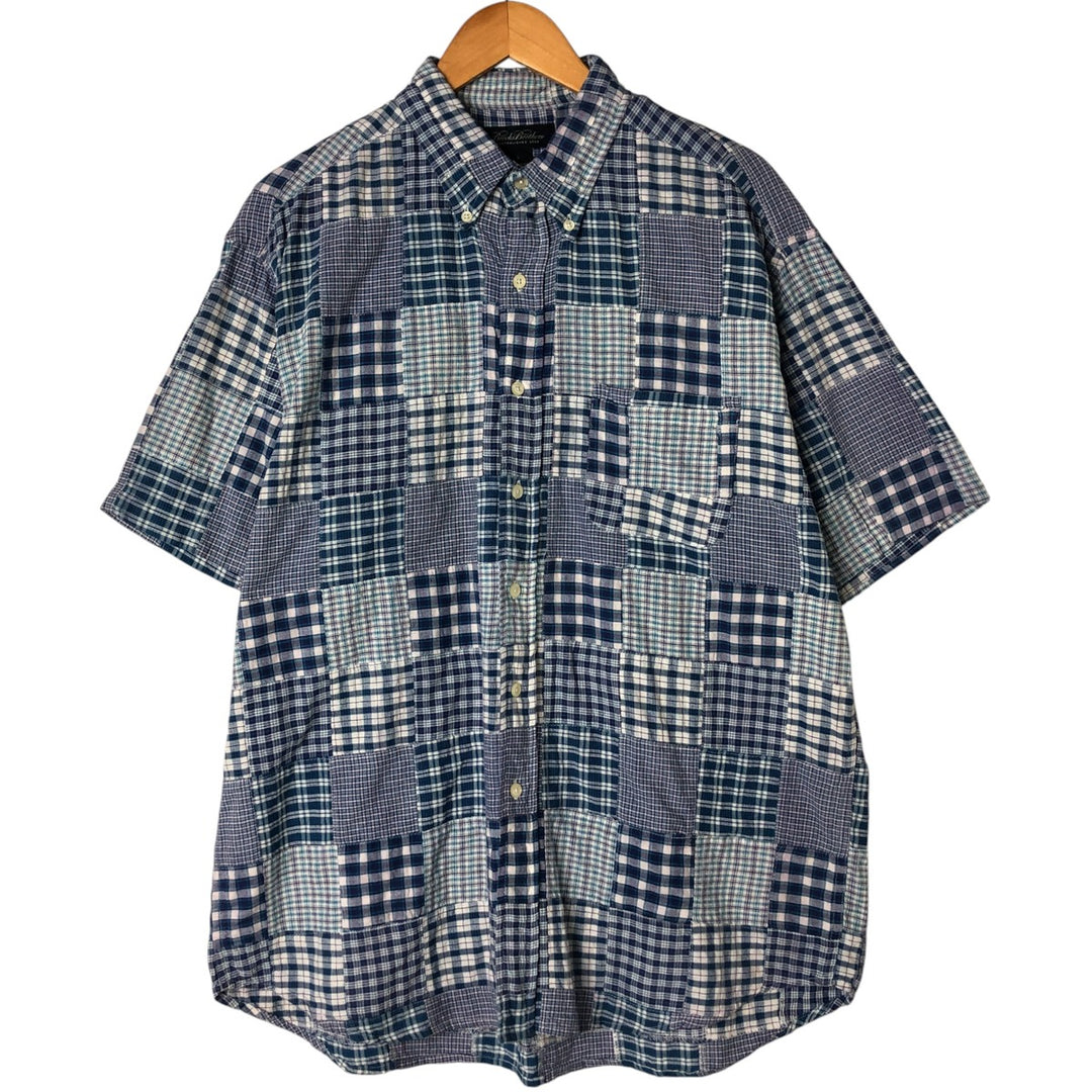 Brooks Brothers Patchwork Short Sleeve Button-Down Check Shirt, Men's Size L cotton blue type Vintage Second Hand