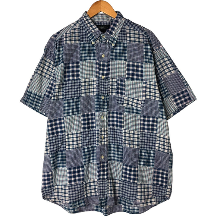 Brooks Brothers Patchwork Short Sleeve Button-Down Check Shirt, Men's Size L cotton blue type Vintage Second Hand