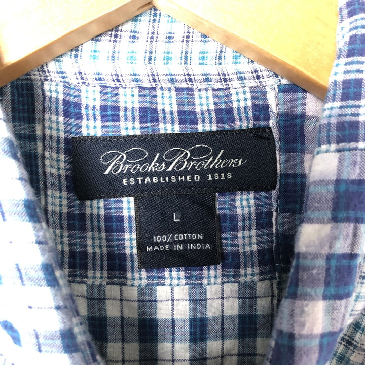 Brooks Brothers Patchwork Short Sleeve Button-Down Check Shirt, Men's Size L cotton blue type Vintage Second Hand