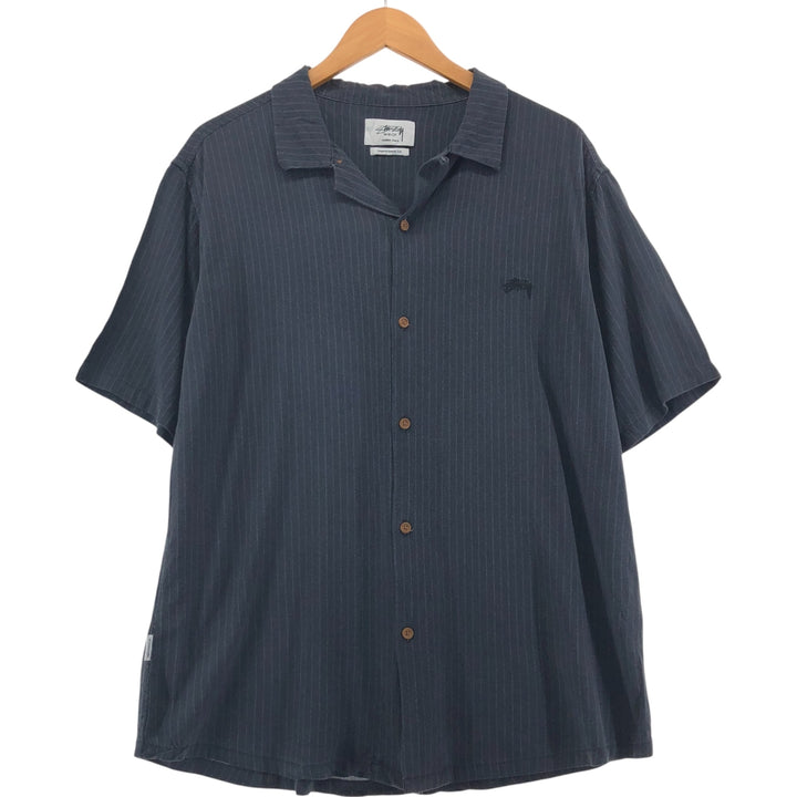 STUSSY Stripe Pattern Short Sleeve Open Collar Rayon Shirt Men's Size S Rayon navy blue type Vintage Second Hand