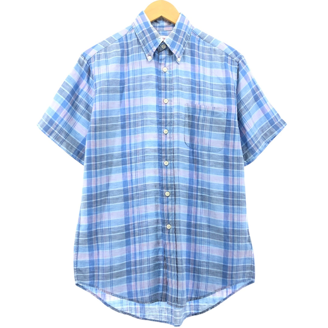 Brooks Brothers Est.1818 Check Pattern Button-down Short Sleeve Linen Shirt, Men's Size S linen Blue type light blue Vintage Second Hand