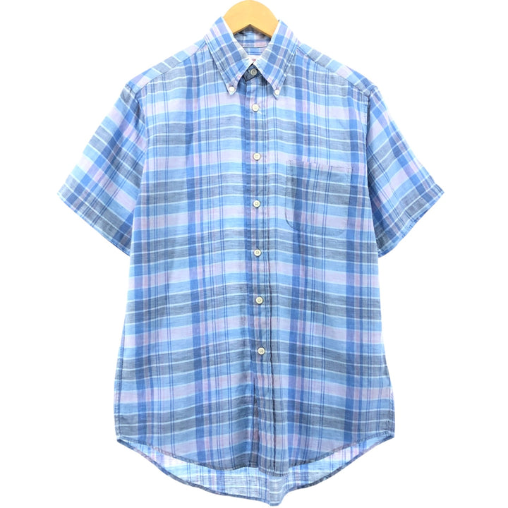 Brooks Brothers Est.1818 Check Pattern Button-down Short Sleeve Linen Shirt, Men's Size S linen Blue type light blue Vintage Second Hand