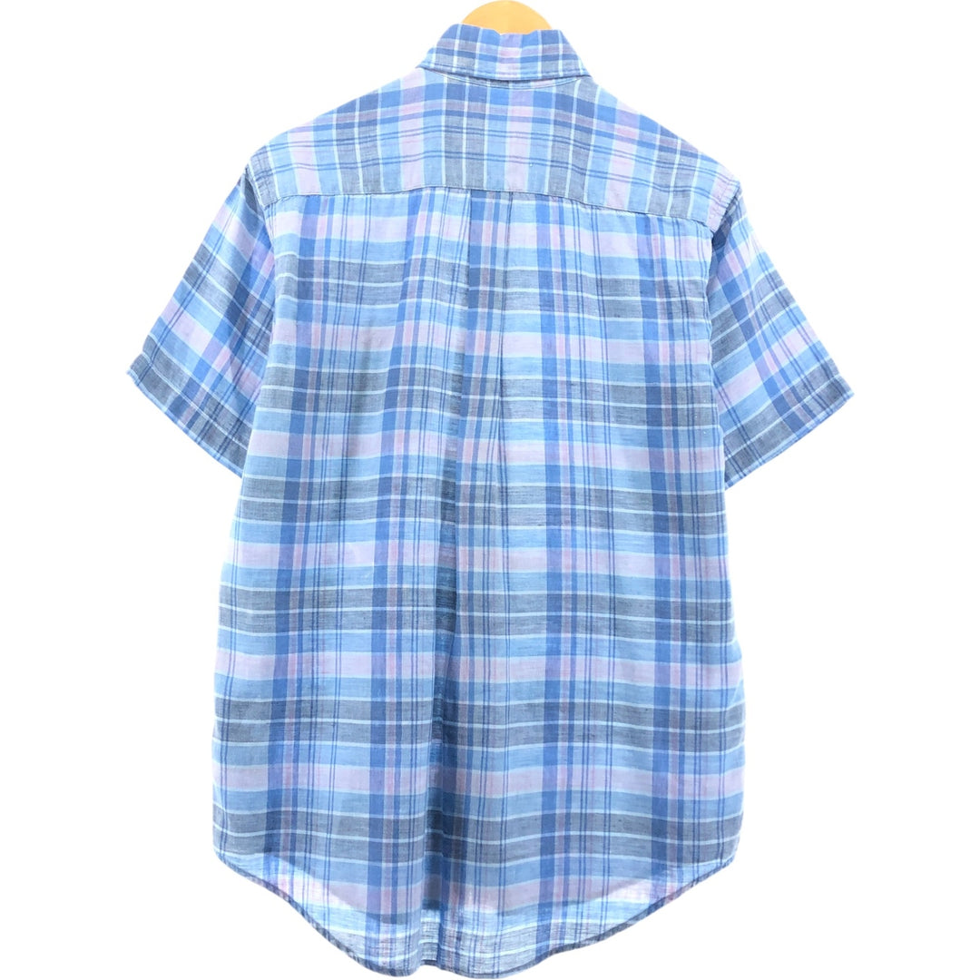 Brooks Brothers Est.1818 Check Pattern Button-down Short Sleeve Linen Shirt, Men's Size S linen Blue type light blue Vintage Second Hand