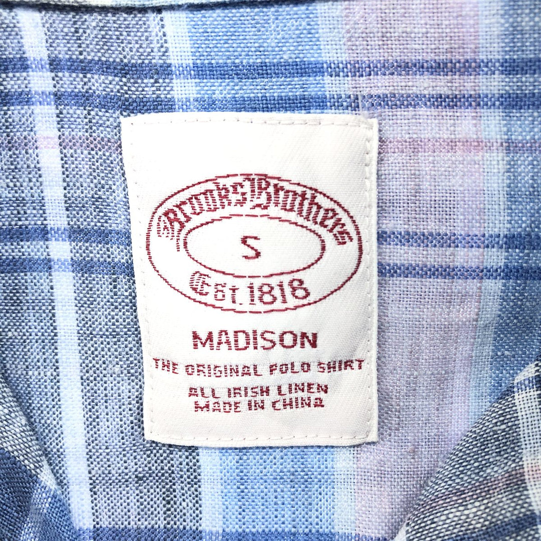 Brooks Brothers Est.1818 Check Pattern Button-down Short Sleeve Linen Shirt, Men's Size S linen Blue type light blue Vintage Second Hand