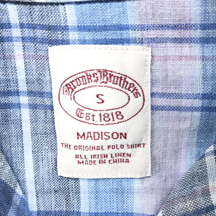 Brooks Brothers Est.1818 Check Pattern Button-down Short Sleeve Linen Shirt, Men's Size S linen Blue type light blue Vintage Second Hand