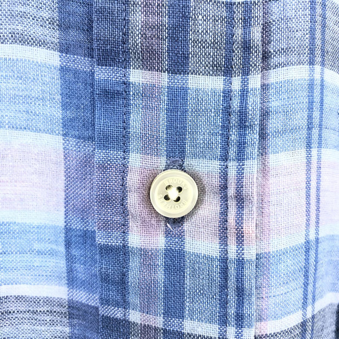 Brooks Brothers Est.1818 Check Pattern Button-down Short Sleeve Linen Shirt, Men's Size S linen Blue type light blue Vintage Second Hand