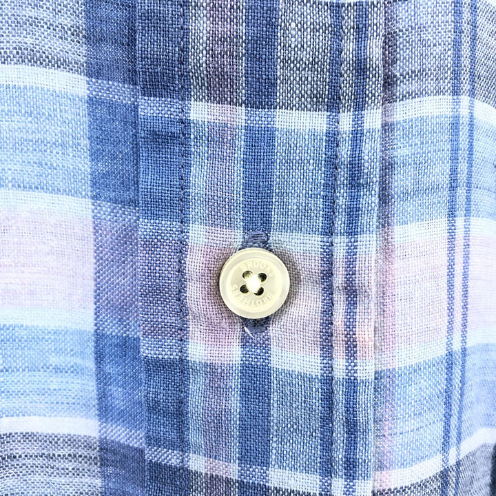Brooks Brothers Est.1818 Check Pattern Button-down Short Sleeve Linen Shirt, Men's Size S linen Blue type light blue Vintage Second Hand