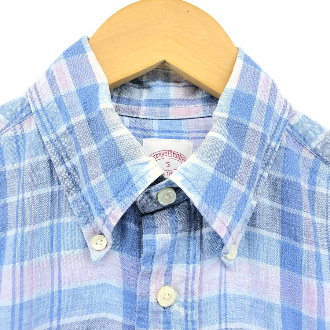 Brooks Brothers Est.1818 Check Pattern Button-down Short Sleeve Linen Shirt, Men's Size S linen Blue type light blue Vintage Second Hand