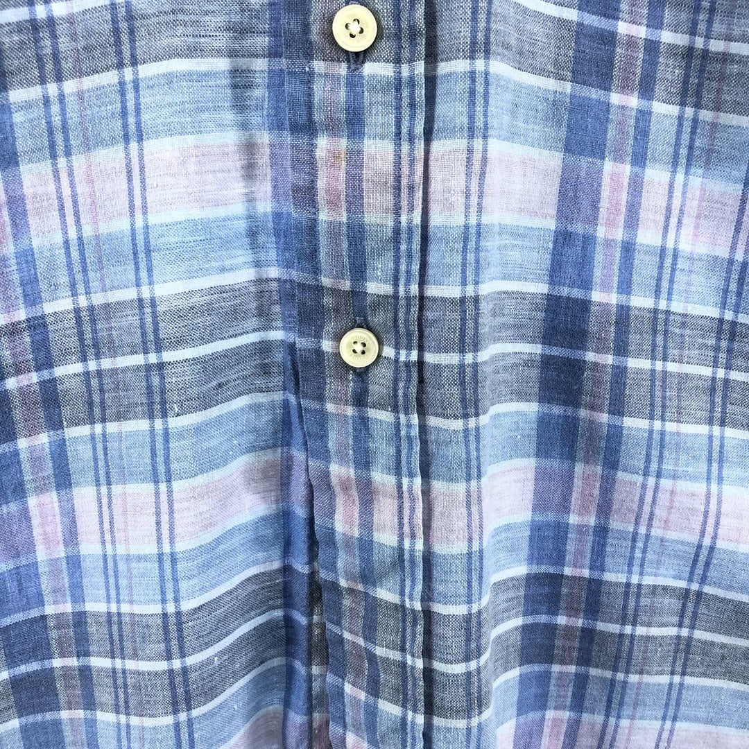 Brooks Brothers Est.1818 Check Pattern Button-down Short Sleeve Linen Shirt, Men's Size S linen Blue type light blue Vintage Second Hand