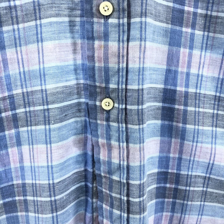 Brooks Brothers Est.1818 Check Pattern Button-down Short Sleeve Linen Shirt, Men's Size S linen Blue type light blue Vintage Second Hand