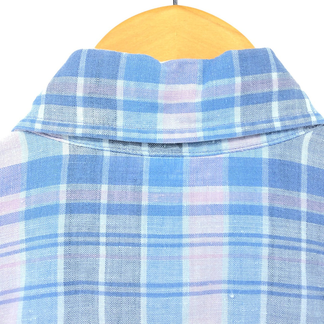 Brooks Brothers Est.1818 Check Pattern Button-down Short Sleeve Linen Shirt, Men's Size S linen Blue type light blue Vintage Second Hand