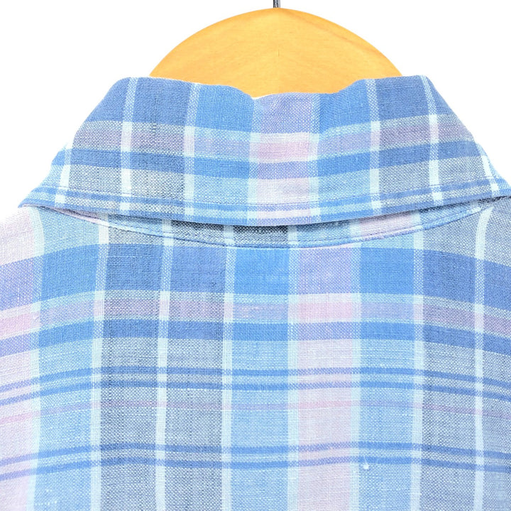 Brooks Brothers Est.1818 Check Pattern Button-down Short Sleeve Linen Shirt, Men's Size S linen Blue type light blue Vintage Second Hand