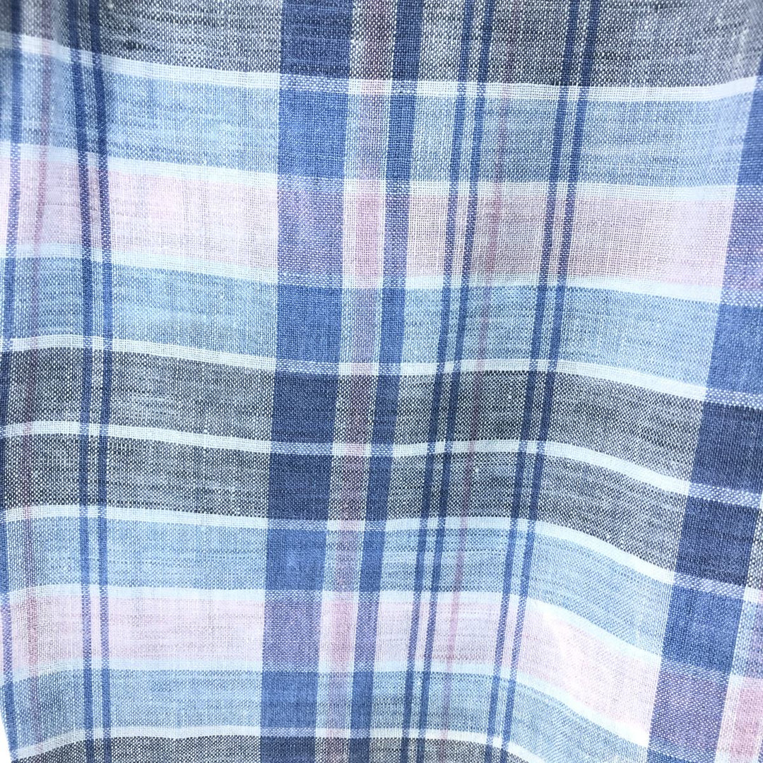 Brooks Brothers Est.1818 Check Pattern Button-down Short Sleeve Linen Shirt, Men's Size S linen Blue type light blue Vintage Second Hand