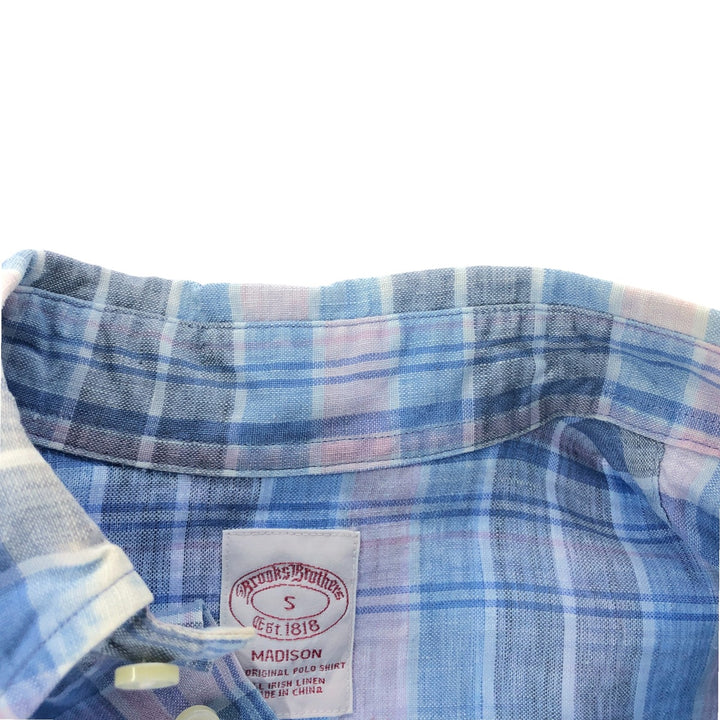 Brooks Brothers Est.1818 Check Pattern Button-down Short Sleeve Linen Shirt, Men's Size S linen Blue type light blue Vintage Second Hand