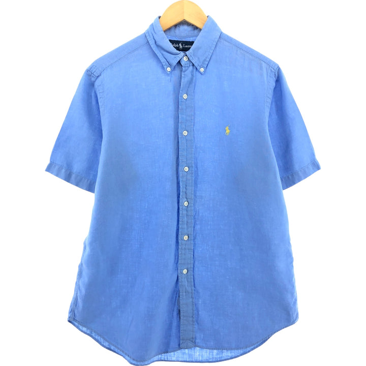 Ralph Lauren Classic Fit short sleeve linen button down shirt, men's size M linen Blue type light blue Vintage Second Hand