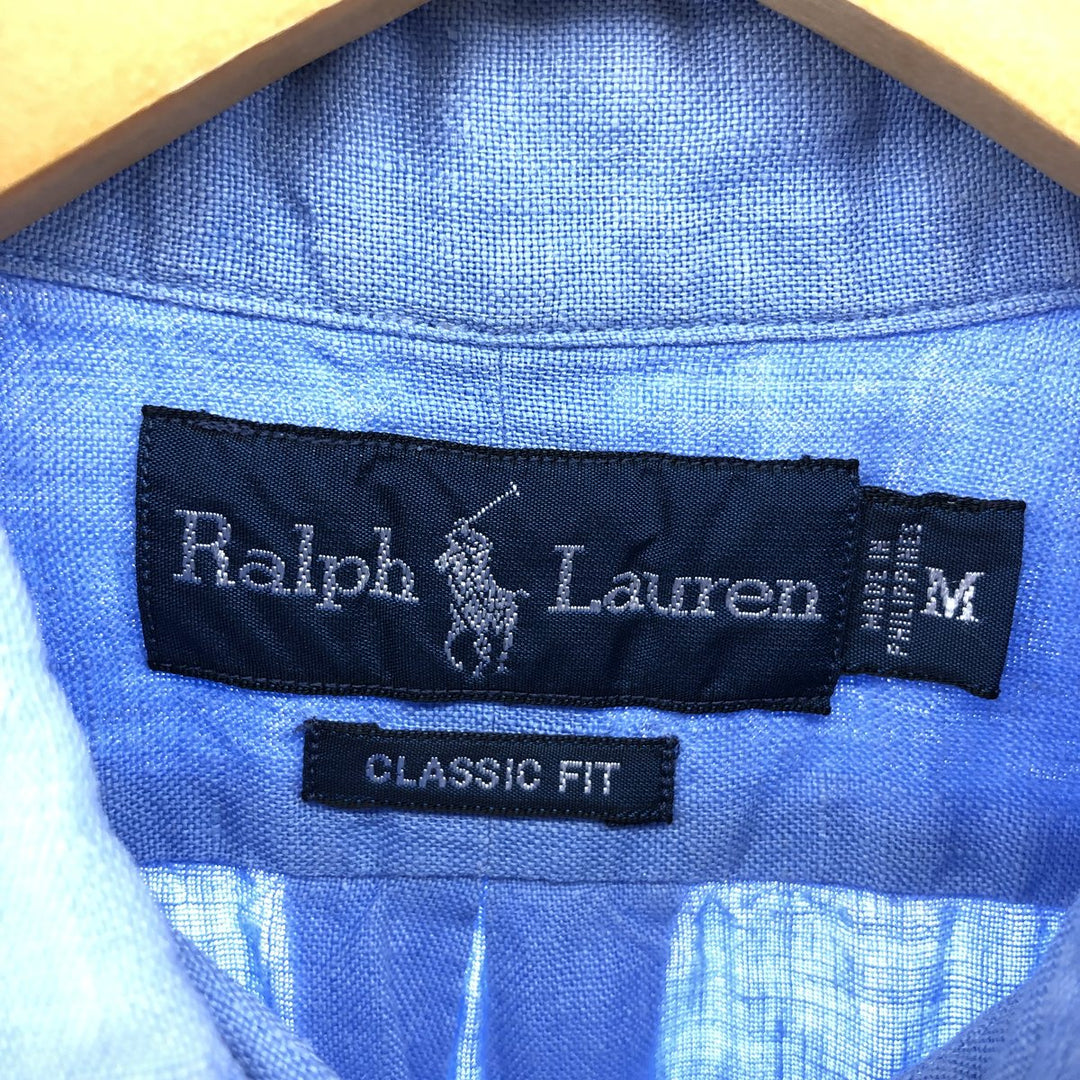 Ralph Lauren Classic Fit short sleeve linen button down shirt, men's size M linen Blue type light blue Vintage Second Hand
