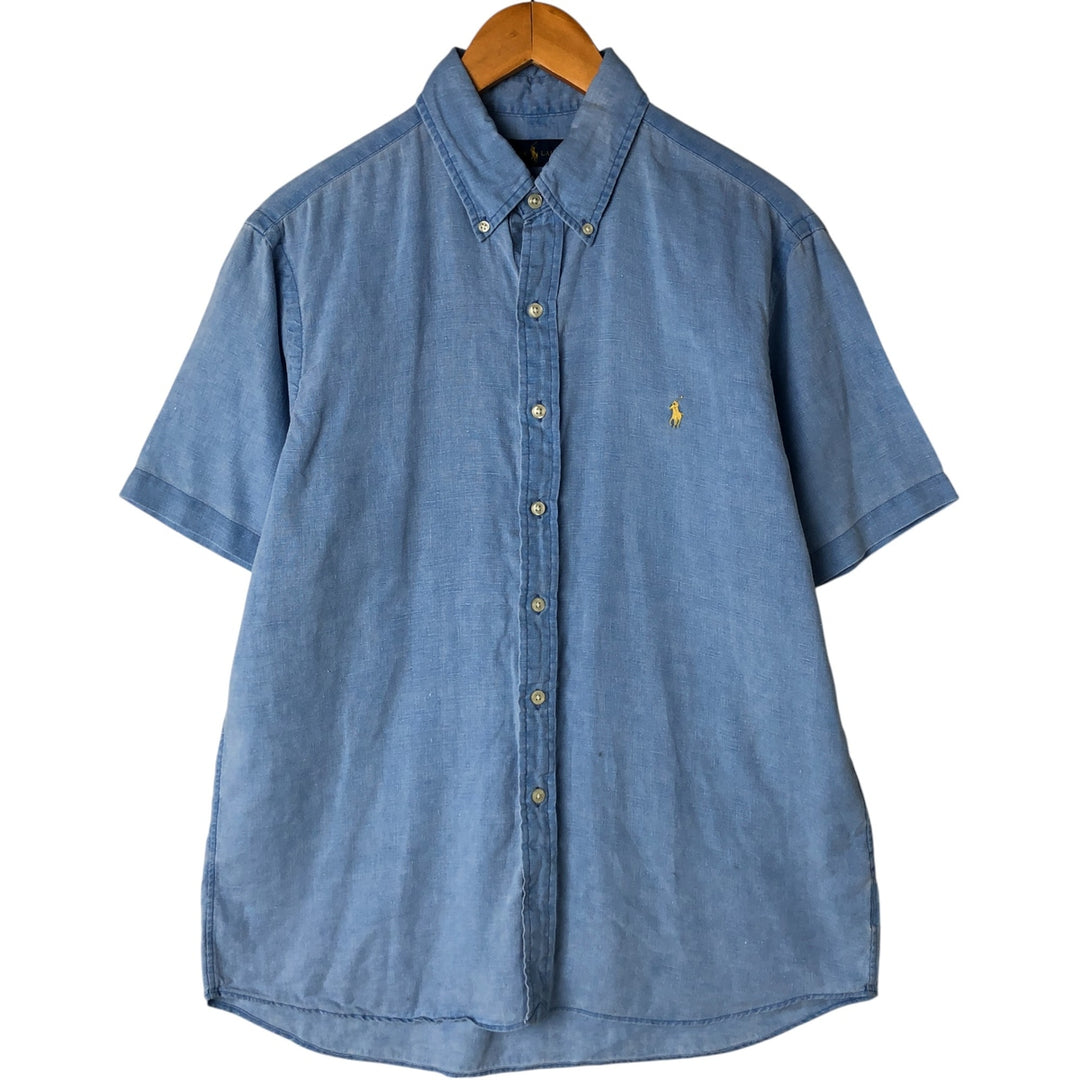 Ralph Lauren short sleeve linen button down shirt, men's size M linen blue type Vintage Second Hand