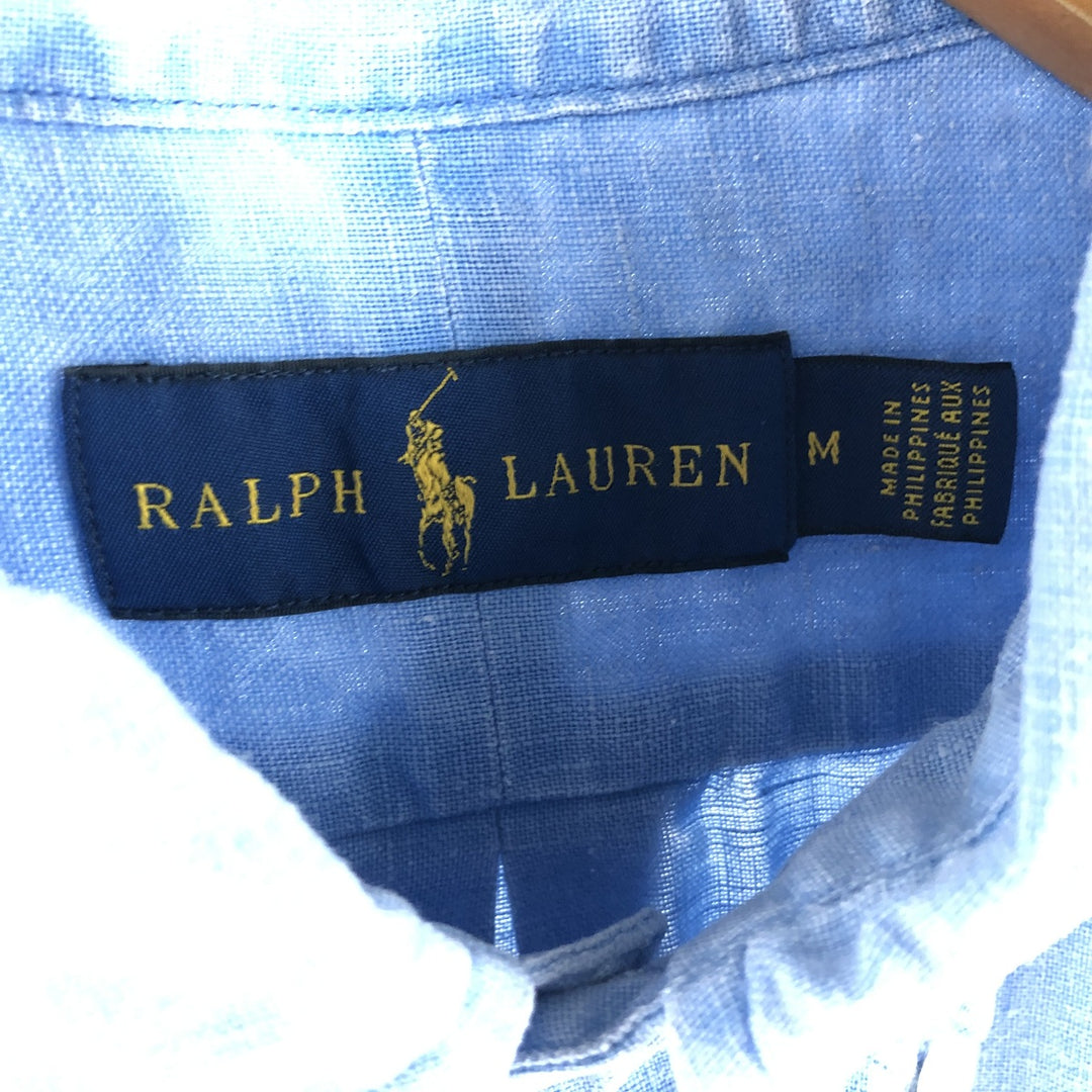 Ralph Lauren short sleeve linen button down shirt, men's size M linen blue type Vintage Second Hand