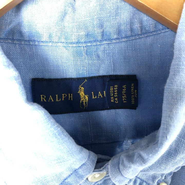 Ralph Lauren short sleeve linen button down shirt, men's size M linen blue type Vintage Second Hand