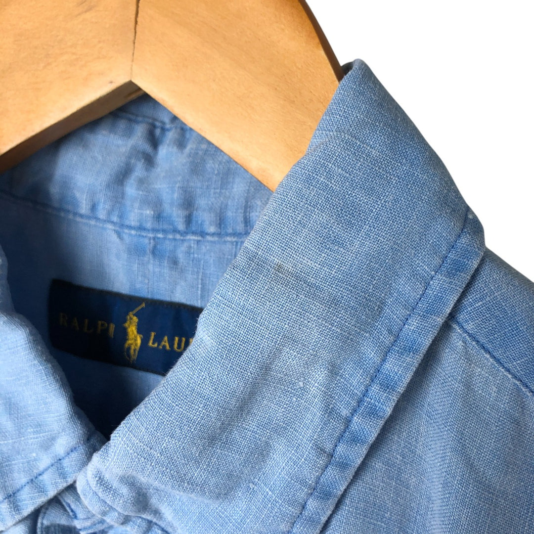 Ralph Lauren short sleeve linen button down shirt, men's size M linen blue type Vintage Second Hand