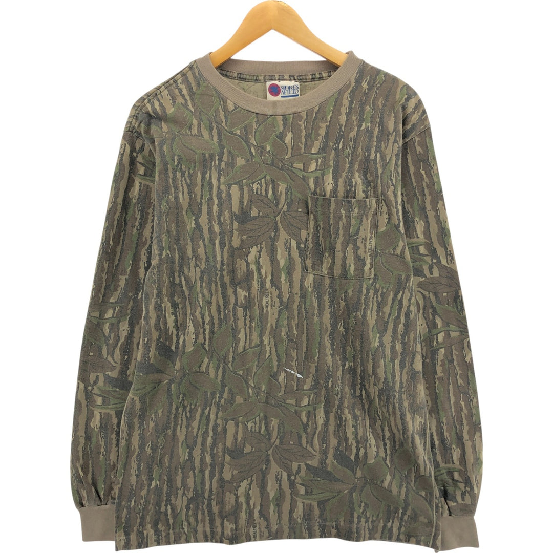 90'S SPORTS AFIELD Camouflage Pattern Real Tree Camo Long T-Shirt Long T Made in USA Men's L Size Vintage unclear Khaki type brown Vintage Second Hand