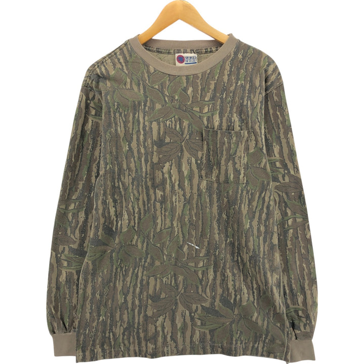 90'S SPORTS AFIELD Camouflage Pattern Real Tree Camo Long T-Shirt Long T Made in USA Men's L Size Vintage unclear Khaki type brown Vintage Second Hand