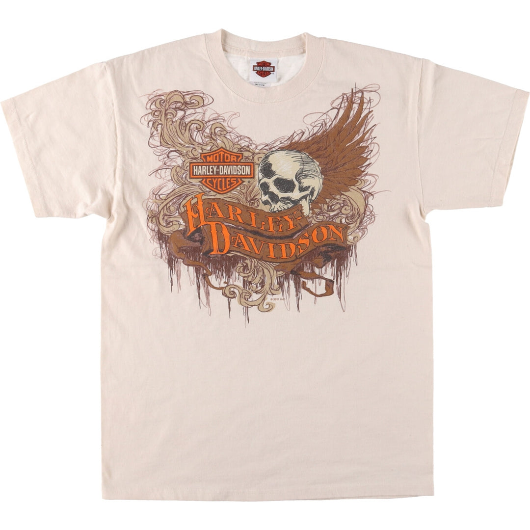 Harley-Davidson Skull Pattern Motorcycle Bike T-shirt Men's M size cotton pale white type Vintage Second Hand