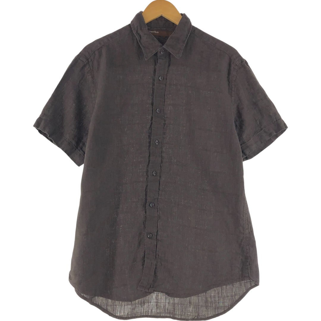 PERRY ELLIS short sleeve linen shirt, men's size L linen brown type Vintage Second Hand