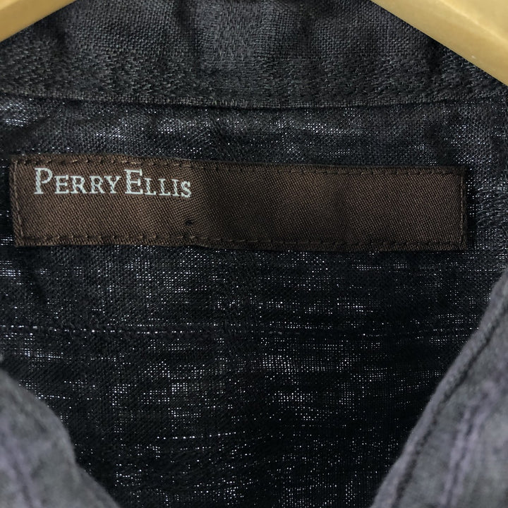 PERRY ELLIS short sleeve linen shirt, men's size L linen brown type Vintage Second Hand