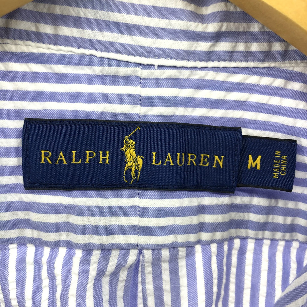 Ralph Lauren short sleeve button down striped shirt, men's size M cotton blue type Vintage Second Hand