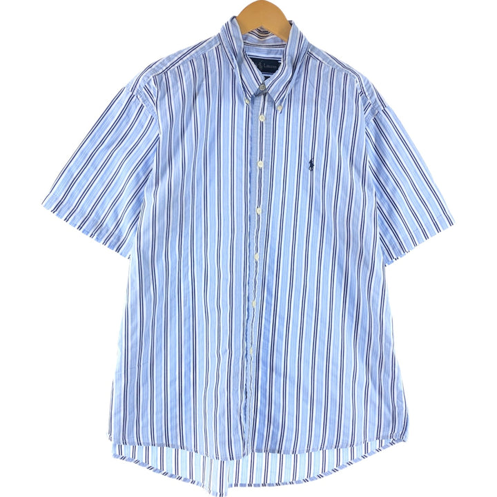 Ralph Lauren CUSTOM FIT Multi-stripe short sleeve button-down striped shirt, men's XL size cotton Blue type light blue Vintage Second Hand