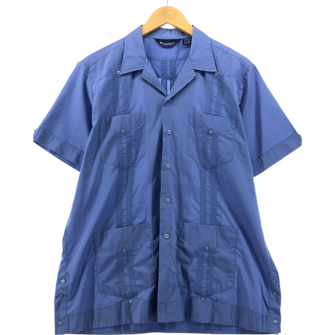 Premier Short Sleeve Open Collar Mexican Shirt Cuban Shirt Box Shirt Men's Size L polyester blue type Vintage Second Hand
