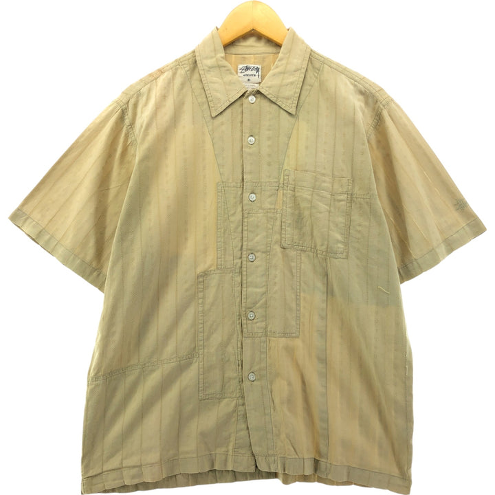 00'S STUSSY Stripe Pattern All-over Print Short Sleeve Cotton Striped Shirt Box Shirt Men's M Size cotton Beige type Vintage Second Hand