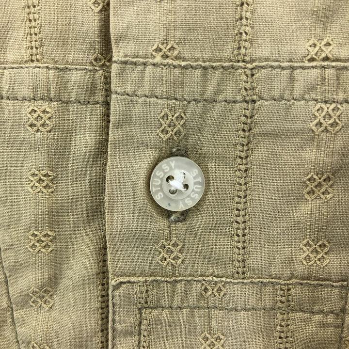 00'S STUSSY Stripe Pattern All-over Print Short Sleeve Cotton Striped Shirt Box Shirt Men's M Size cotton Beige type Vintage Second Hand