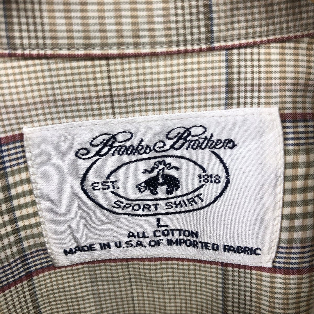 Brooks Brothers SPORT SHIRT Short Sleeve Button Down Check Shirt Made in USA Men's L size cotton beige type brown Vintage Second Hand