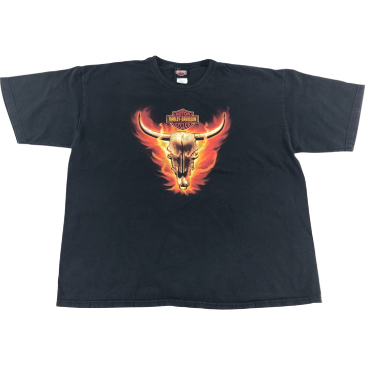 00'S Harley-Davidson Fire Pattern Motorcycle Bike T-Shirt Men's XXL cotton black type Vintage Second Hand