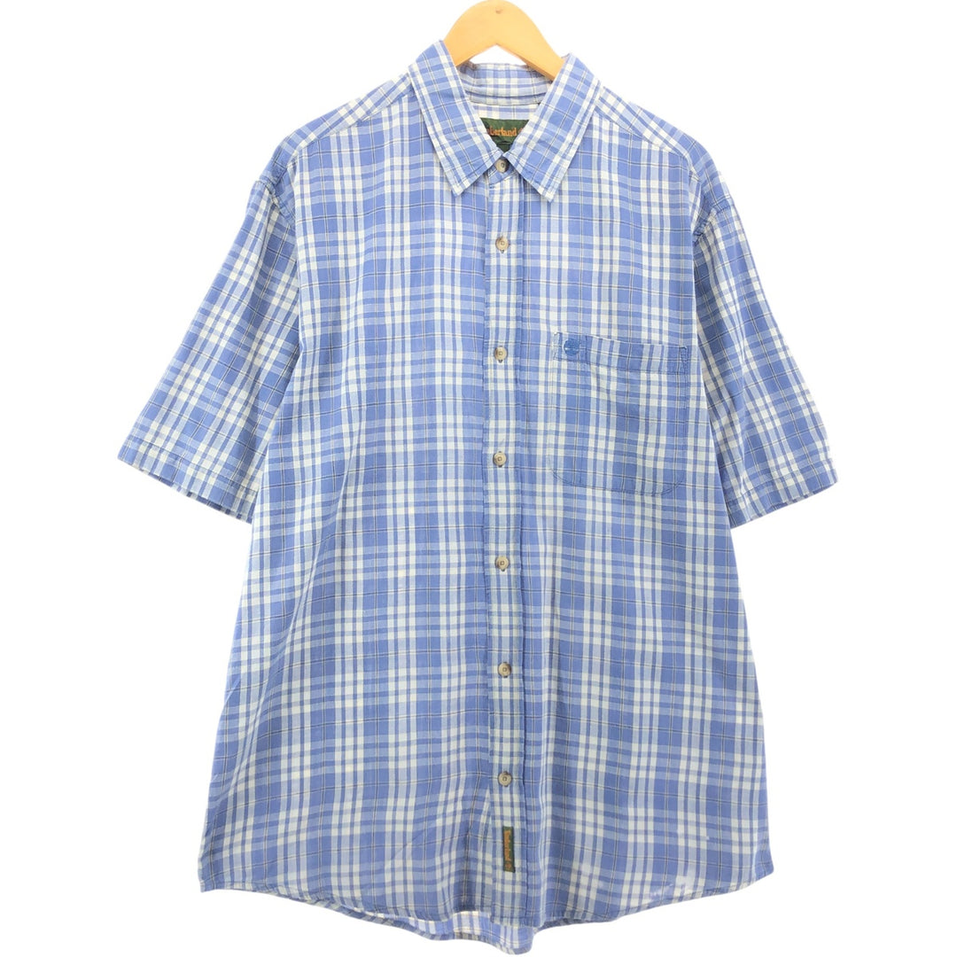 90s~00'S Timberland short sleeve cotton check shirt, men's XL size cotton Purple type blue-purple Vintage Second Hand