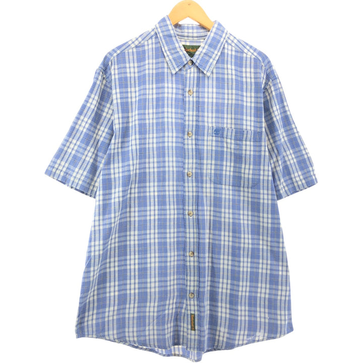 90s~00'S Timberland short sleeve cotton check shirt, men's XL size cotton Purple type blue-purple Vintage Second Hand