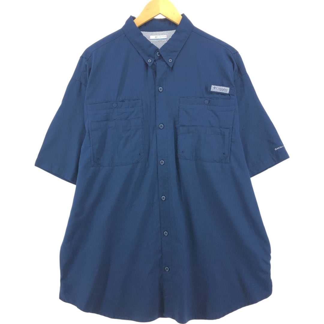 Columbia PFG OMNI-SHADE Button-down Short Sleeve Fishing Shirt, Men's XL polyester Navy blue Vintage Second Hand