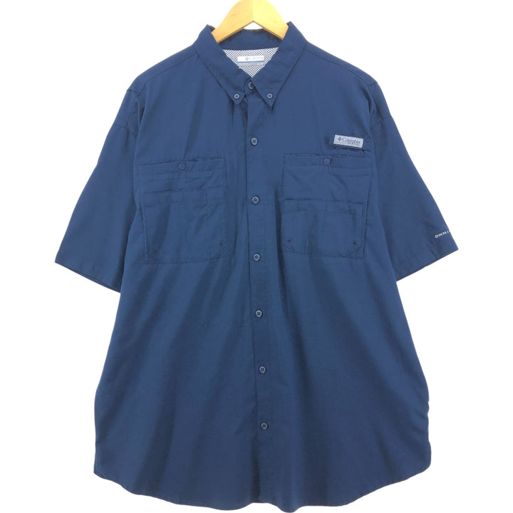Columbia PFG OMNI-SHADE Button-down Short Sleeve Fishing Shirt, Men's XL polyester Navy blue Vintage Second Hand