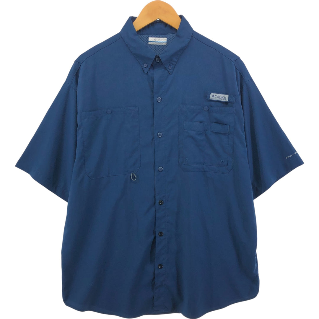 Columbia PFG OMNI-SHADE Omni-Shade Button-down Short Sleeve Fishing Shirt, Men's Size L polyester navy blue type Vintage Second Hand