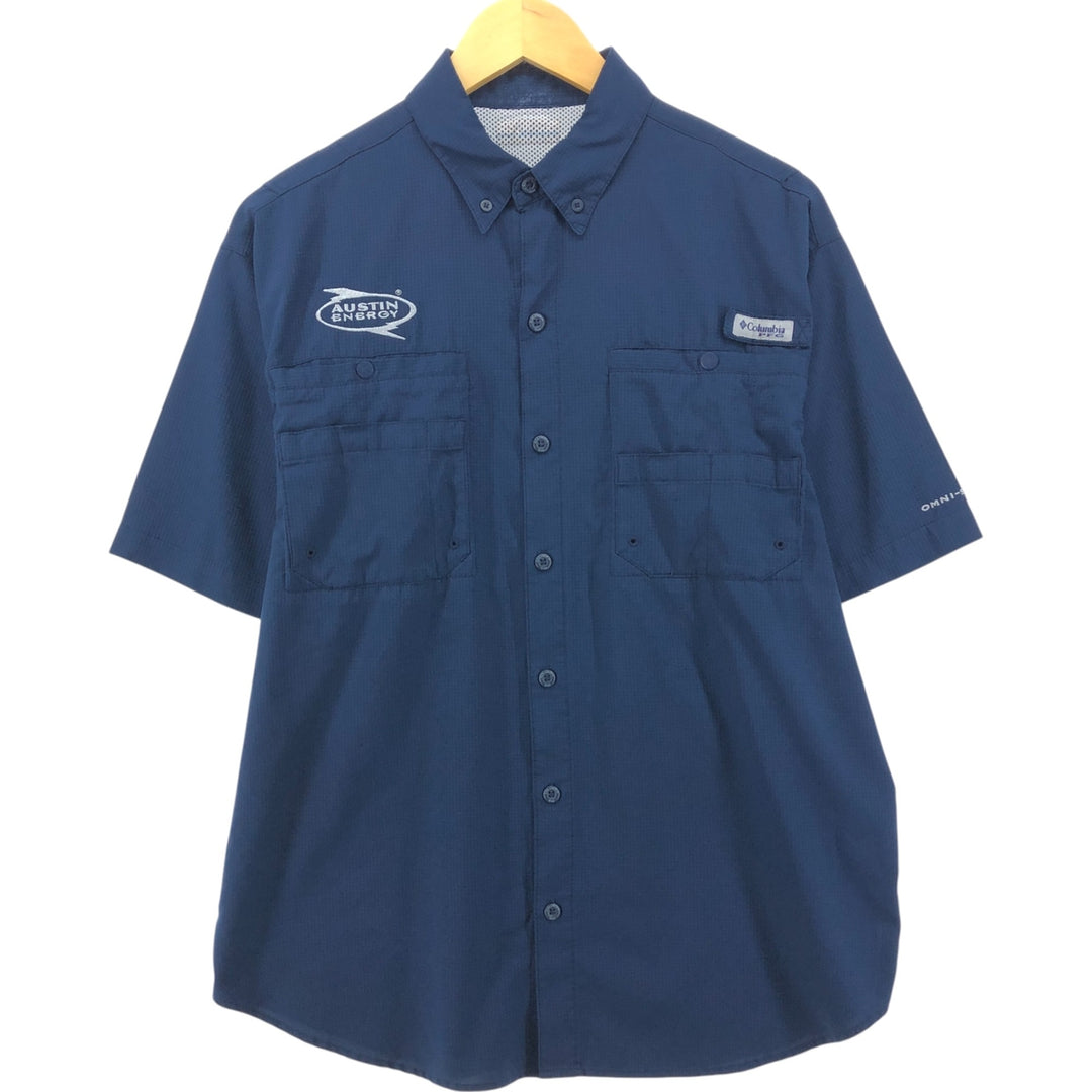 Columbia PFG OMNI-SHADE Button-down Short Sleeve Fishing Shirt, Men's Size L polyester navy blue type Vintage Second Hand