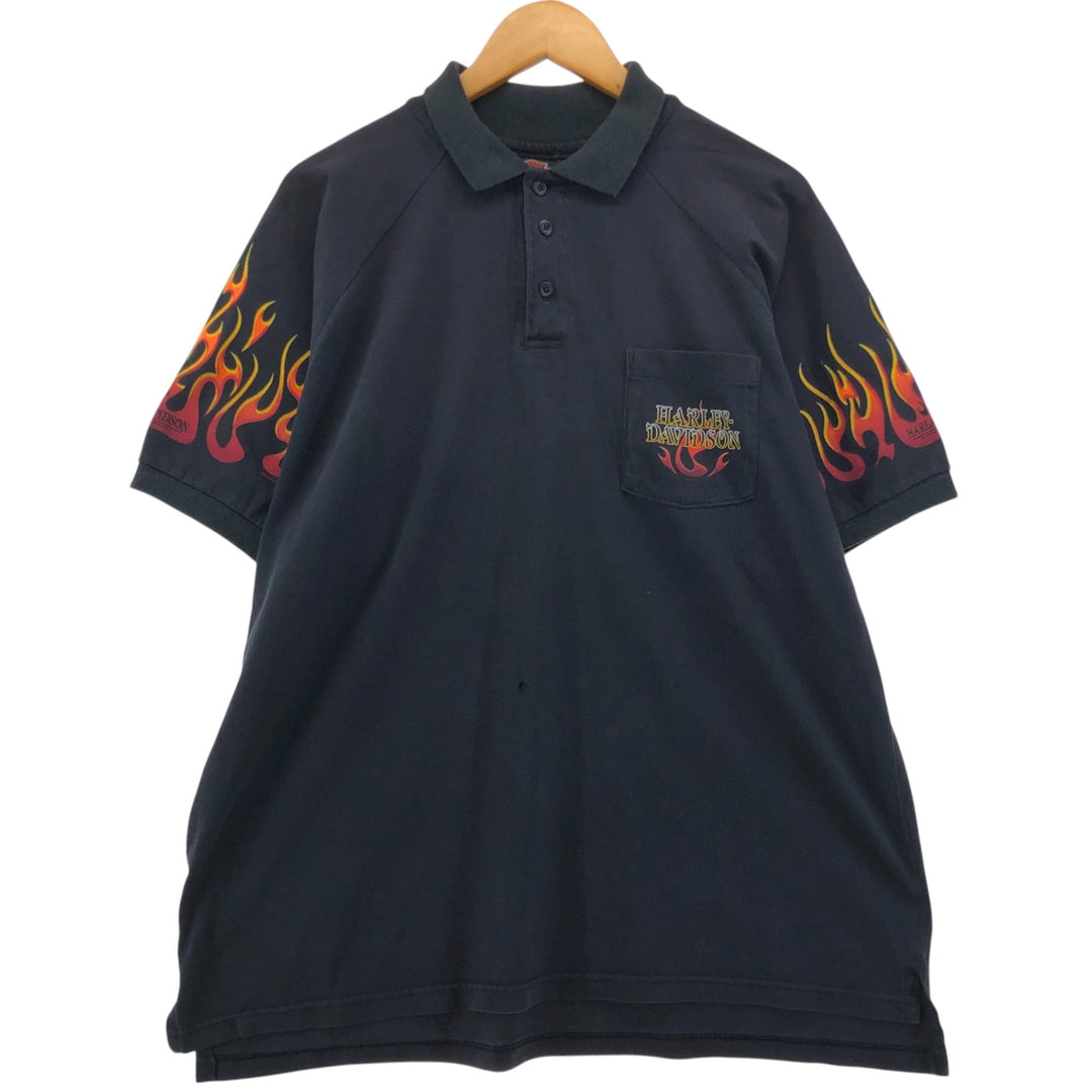 00'S Harley-Davidson Fire Pattern Short Sleeve Polo Shirt Made in USA Men's XL cotton black type Vintage Second Hand