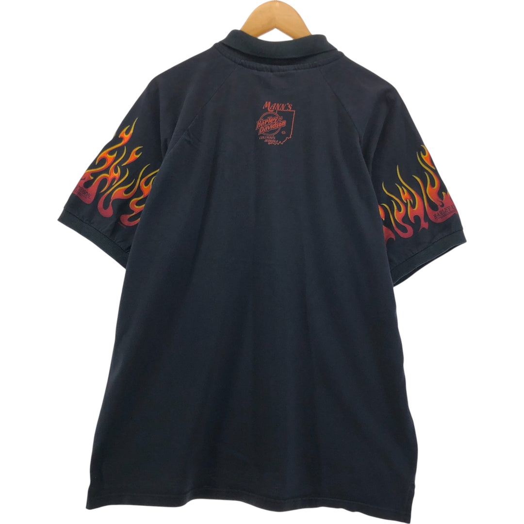 00'S Harley-Davidson Fire Pattern Short Sleeve Polo Shirt Made in USA Men's XL cotton black type Vintage Second Hand