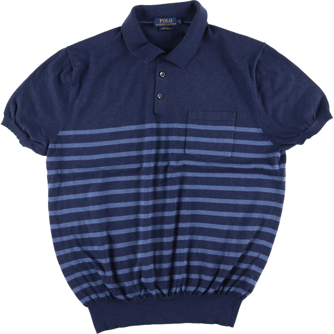 Ralph Lauren POLO RALPH LAUREN PIMA COTTON short sleeve striped polo shirt for women size L Pima Cotton navy blue type Vintage Second Hand