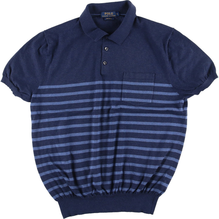 Ralph Lauren POLO RALPH LAUREN PIMA COTTON short sleeve striped polo shirt for women size L Pima Cotton navy blue type Vintage Second Hand